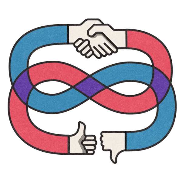 An illustration of two intertwined arms forming an infinity symbol. One arm is red and ends in a handshake at the top; the other is blue and ends in a thumbs up and thumbs down at the bottom. The arms cross in the center, blending into purple where they intersect. 